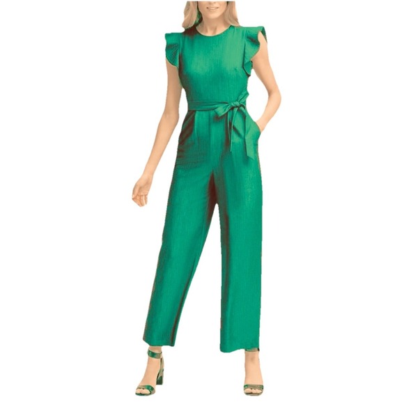Calvin Klein‎ Green Ruffle Sleeve Belt Stretch Wide Leg Crop Jumpsuit Pockets 6 - Picture 1 of 11
